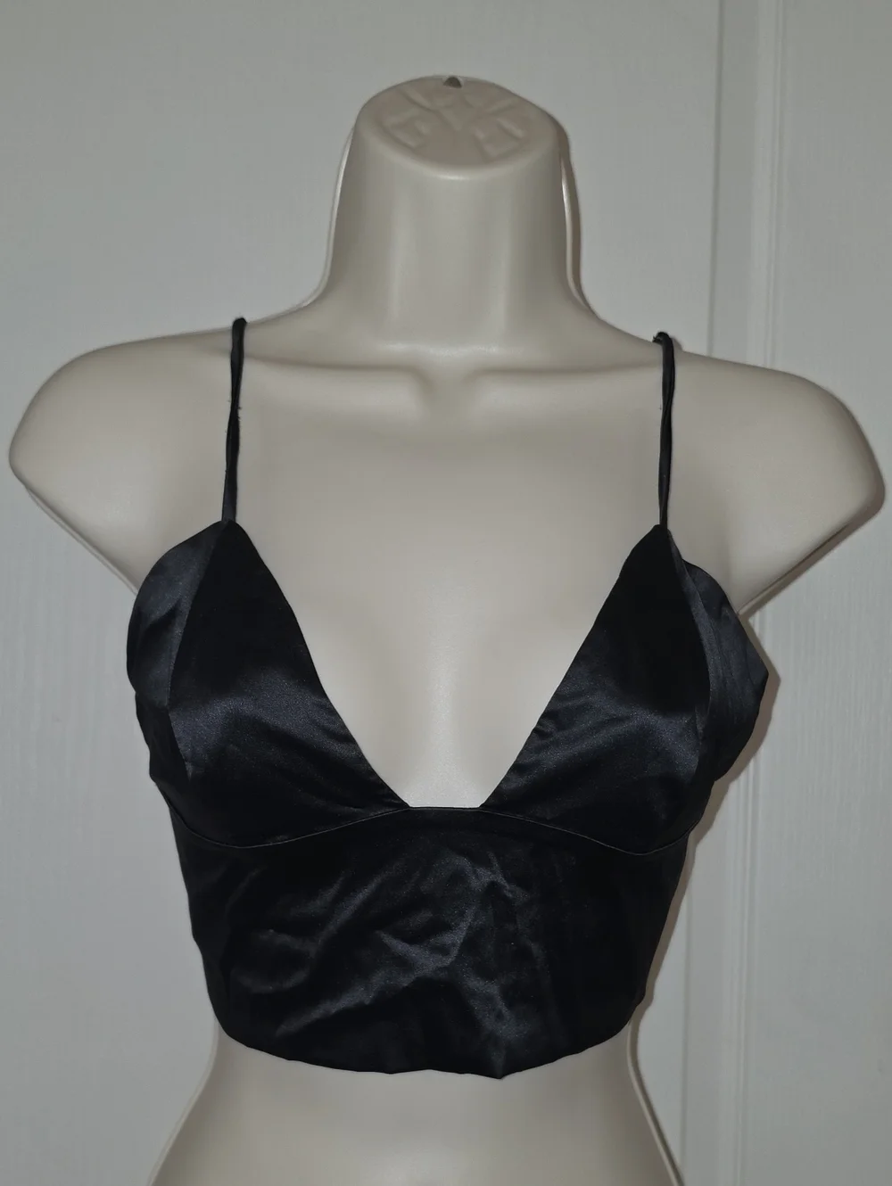 Sleek Black Satin Plunging Deep V-Neck Bralette / Crop Top Size S